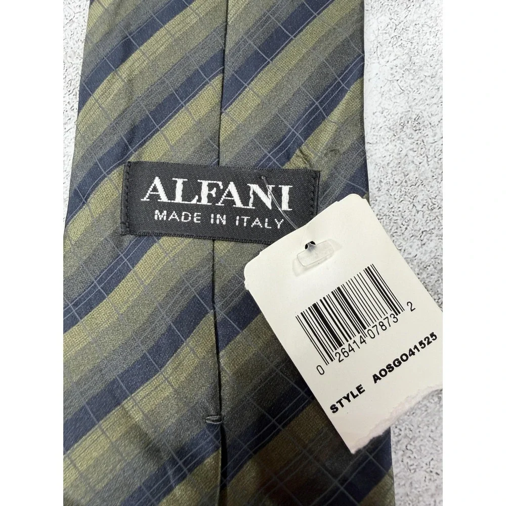 Alfani 100%‎ Silk Tie Mens One Size Green Stripes Checks Made In Italy